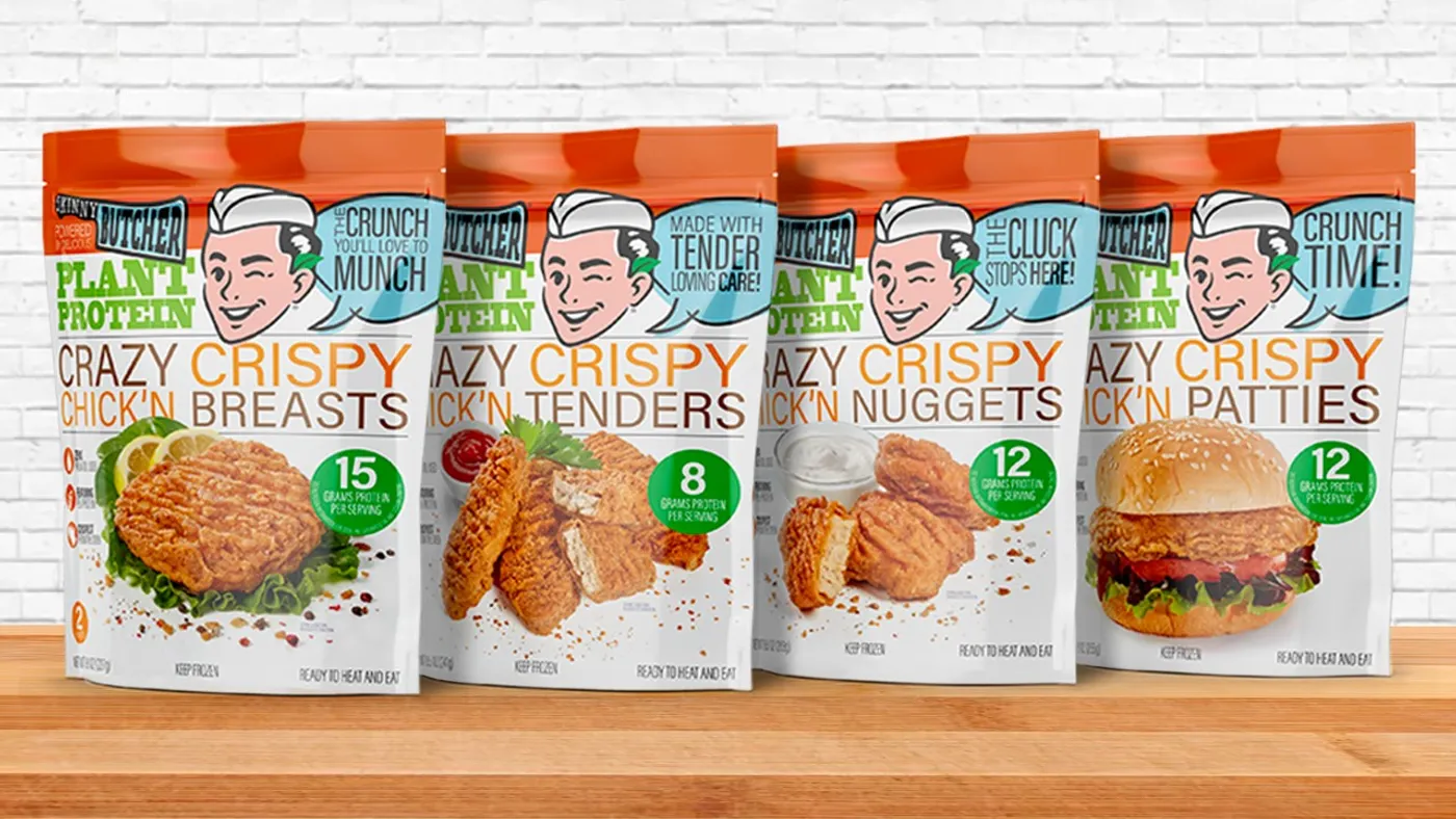 Retail pouches of Skinny Butcher's Crazy Crispy Chick'n products.