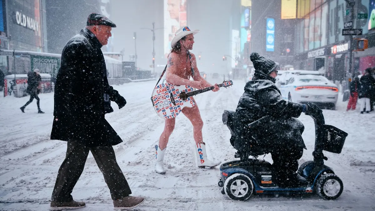 The Naked Cowboy performs under the snow in Times Square.