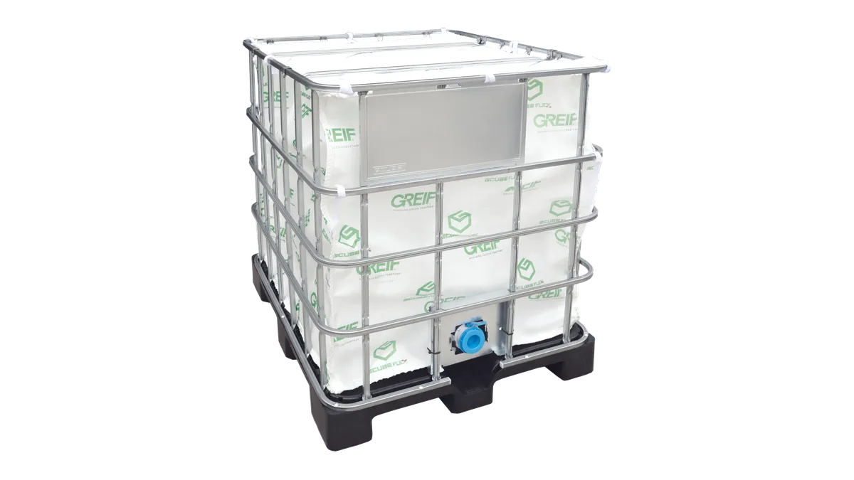 A bulk container used for transporting sensitive products and liquids.