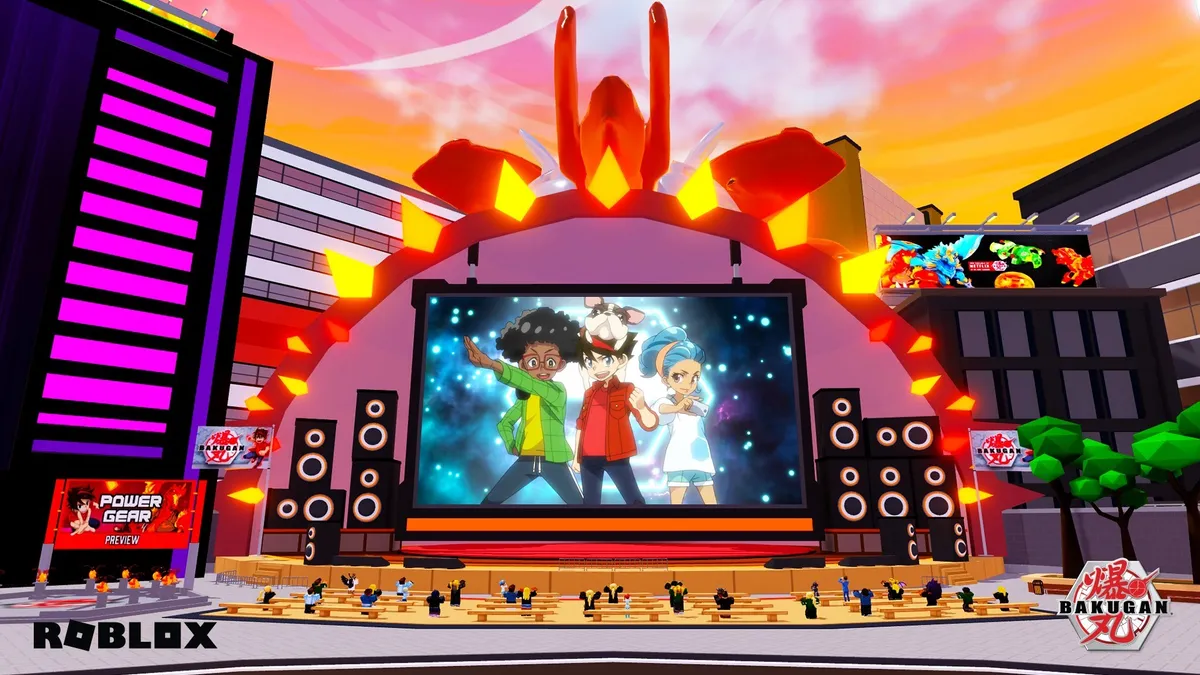 A virtual stage within Roblox screens an episode of Spin Master's anime series "Bakugan Battle Planet."