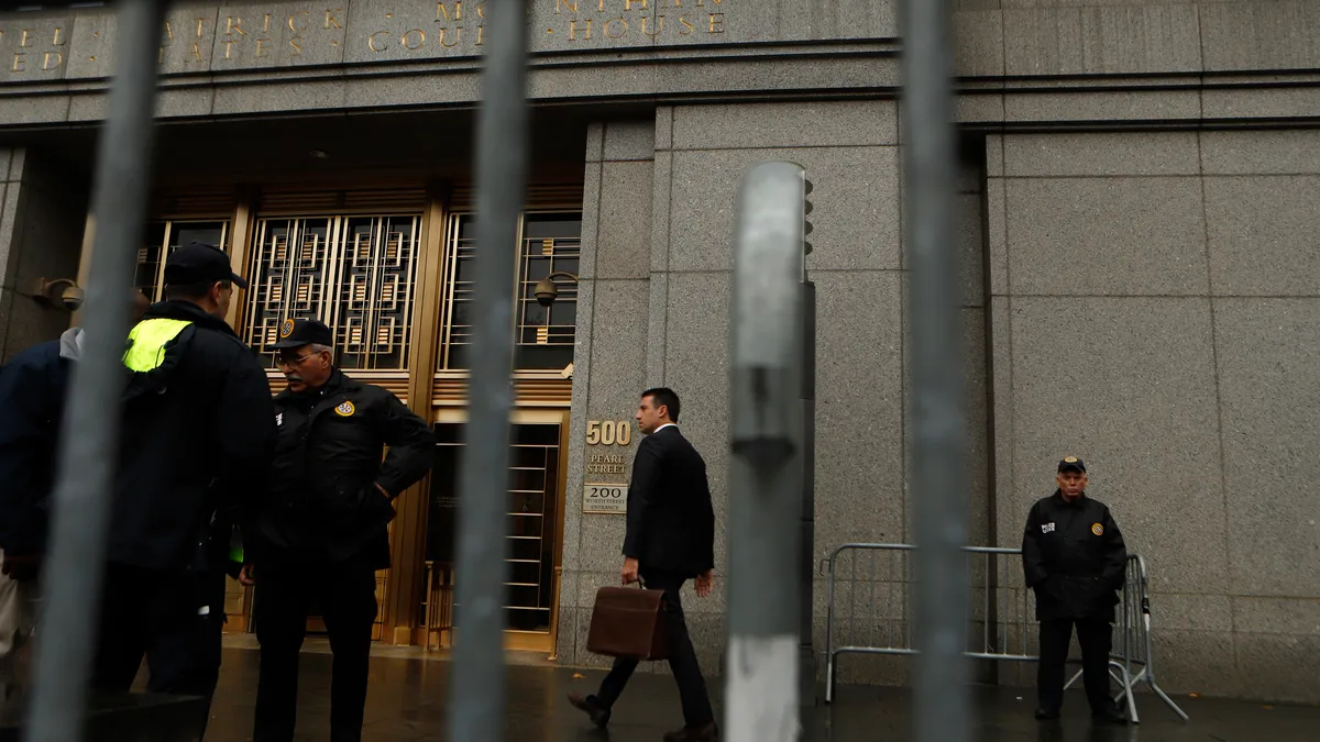 The entrance to the courthouse belonging to the Southern District of New York is seen.