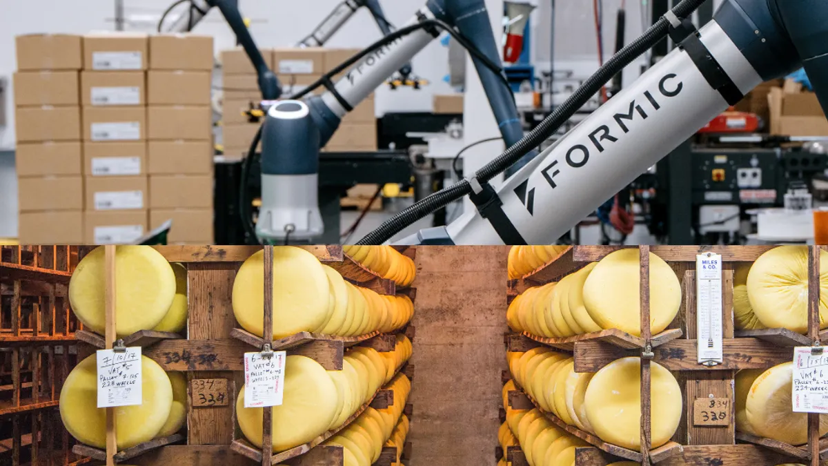 A robotic arm labeled "Formic" operates in a warehouse above shelves of aging cheese wheels at a production facility.