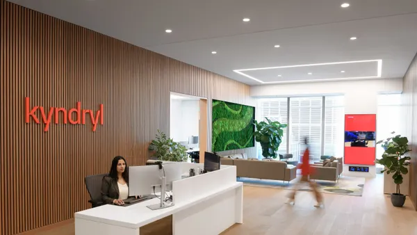 The Kyndryl logo pictured inside the IT infrastructure services provider's headquarters in New York.
