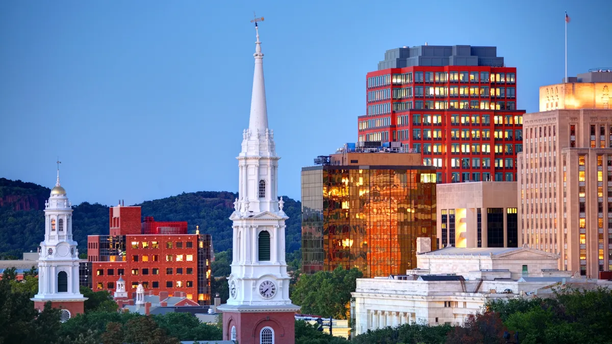 A skyline of downtown New Haven, Connecticut.