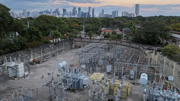 High voltage power lines run through a sub-station