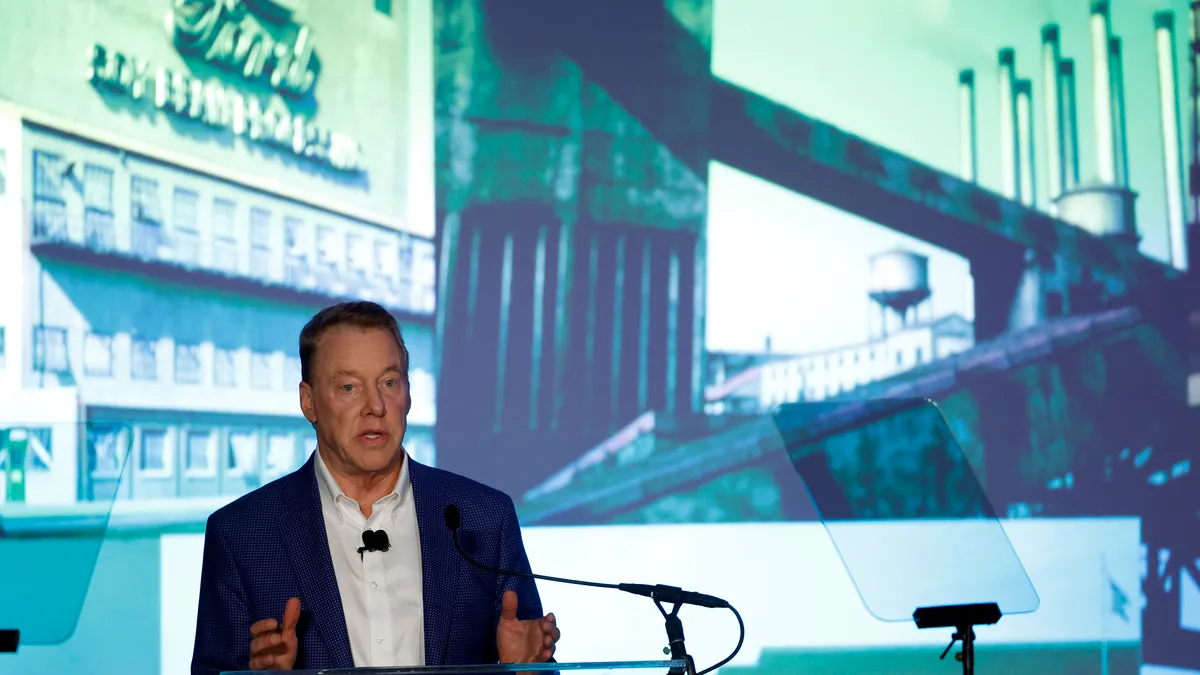 Ford Motor Co Executive Chairman Bill Ford delivers remarks at the Rouge Visitor Center in Dearborn, Michigan.