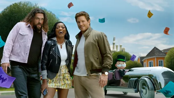 Jason Momoa, Keke Palmer and Chris Pratt in a Monopoly Go ad