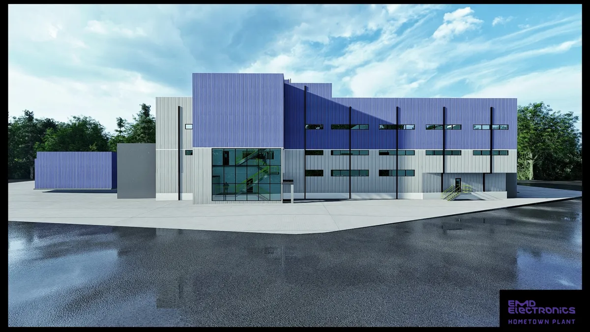 A gray and purple building with trees behind it, under a blue sky with white clouds and a charcoal shiny floor in front of it.