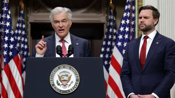 CMS Administrator Dr. Oz speaks at a podium while Vice President JD Vance stands behind him.