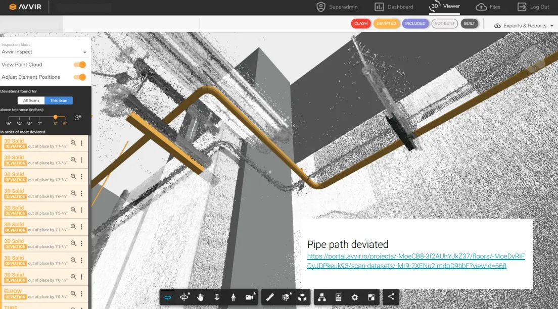 A computer generated image demonstrating how the installation of pipes is going, with several options for pipes out of place.