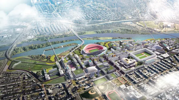 Rendering of stadium surrounded by city.