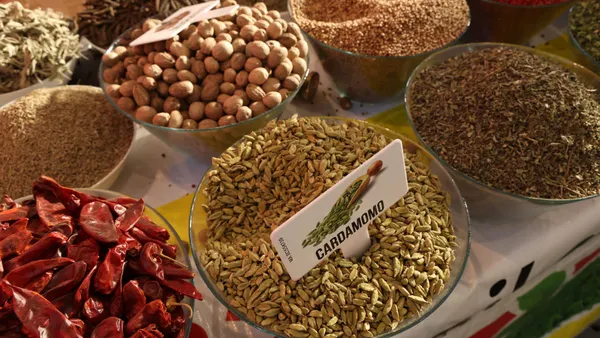 Spices such as cardamom and nutmeg are on display