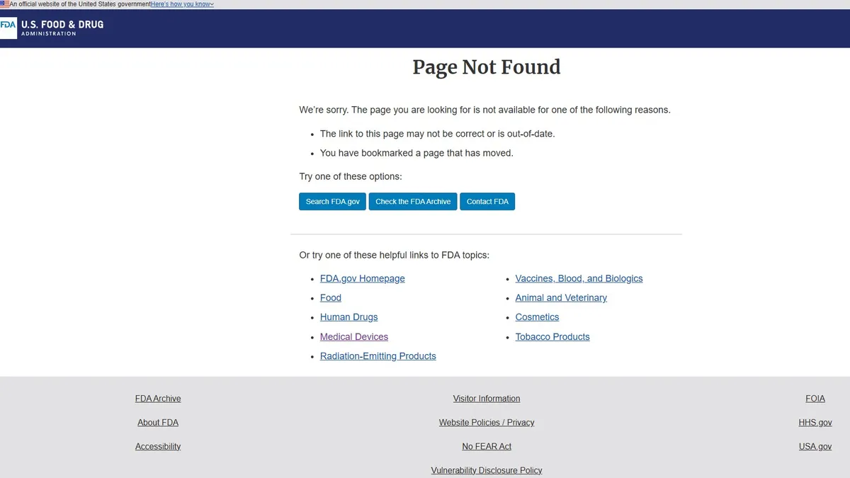 An FDA webpage reads "Page Not Found."