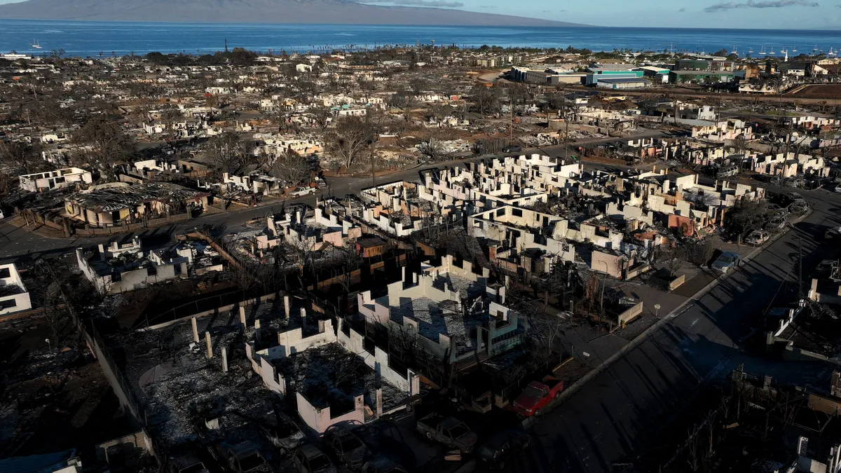 An aerial view of burnt buildings in Lahaina, Maui.