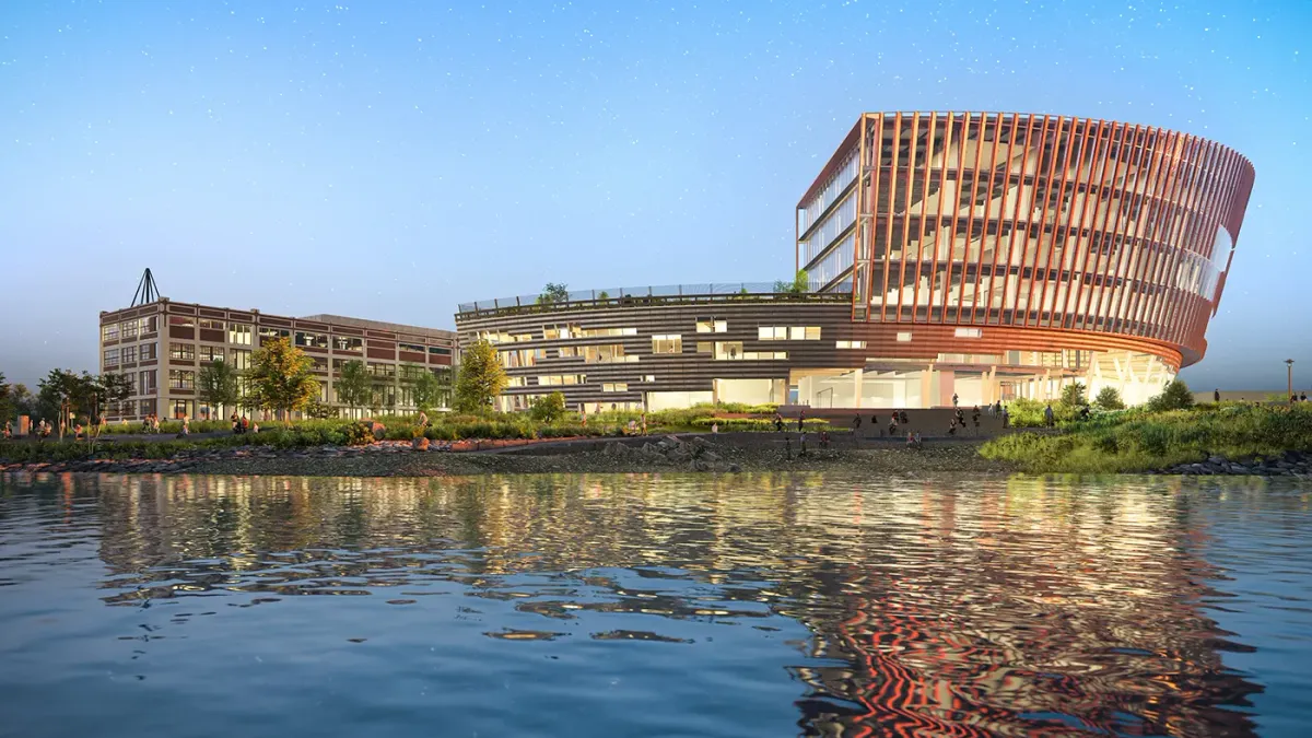 A rendering of a modern looking building that stands across a river.