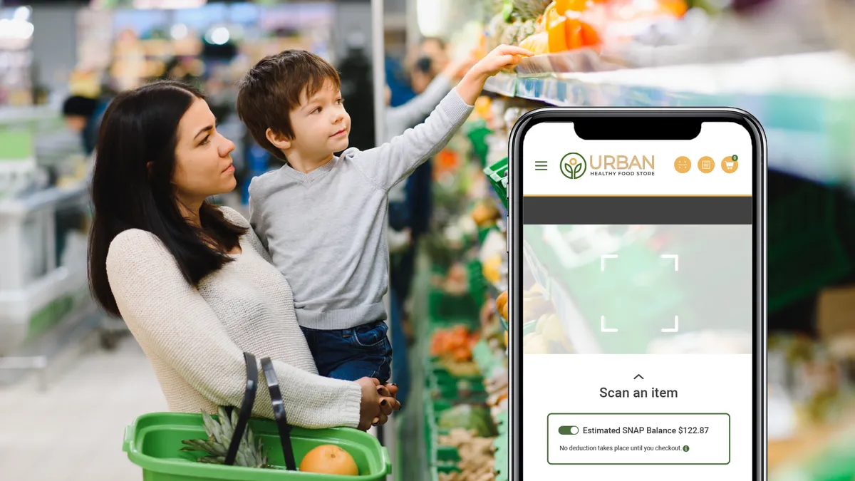 Background: Woman holding child in grocery story. Foreground: Image of phone scanning an item and showing the SNAP balance.