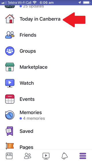 Facebook 'Today In'listed in function menu