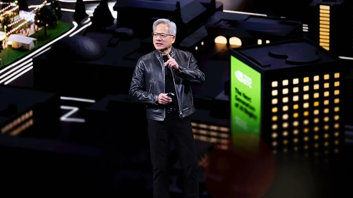 CEO Jensen Huang speaks during a keynote address at Nvidia's GTC Conference on March 16, 2026 in San Jose, California.