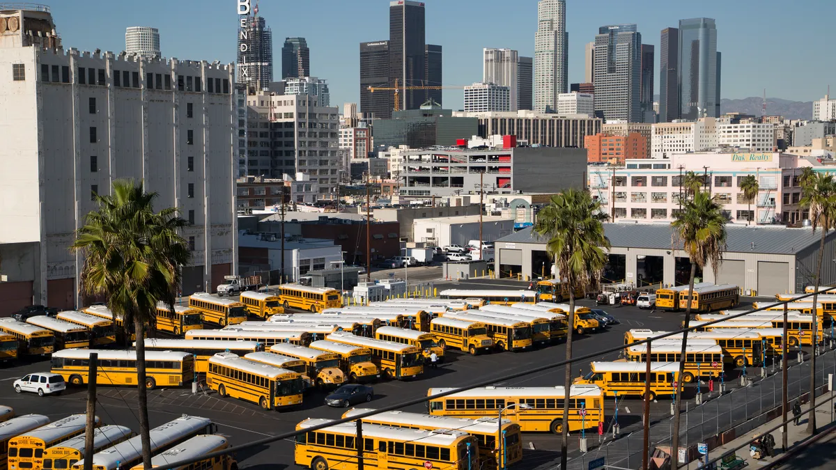 School buses stand idle on December 15, 2015 in Los Angeles, California.