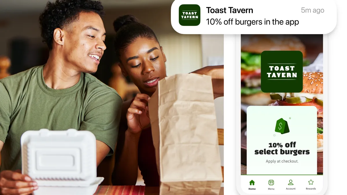 A couple looks at food delivery packaging on the left. On the right a mobile app displays generic branding and discounts for a restaurant.