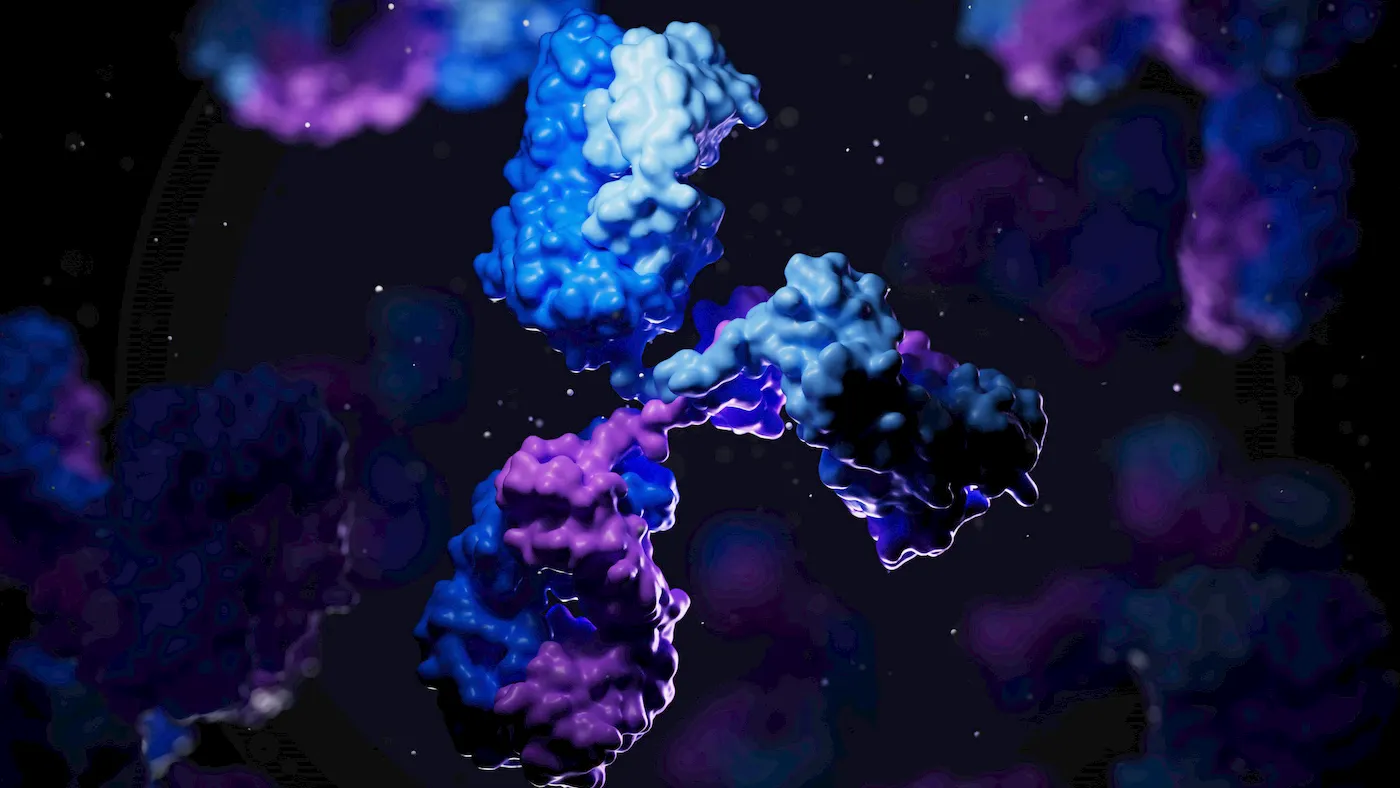 3D illustration of irregular purple and blue protein-like structures against a dark, blurred background.