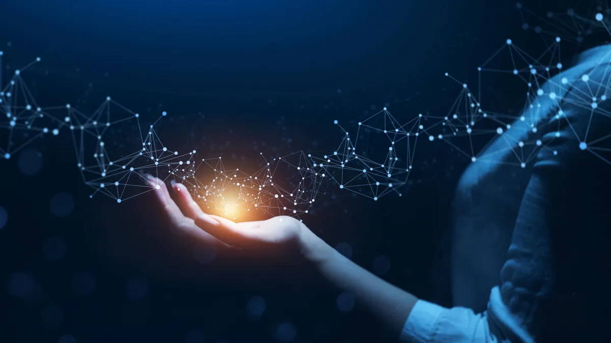 Woman hand holding global network connection. Internet communication, Wireless connection technology. Futuristic technology with polygonal shapes.