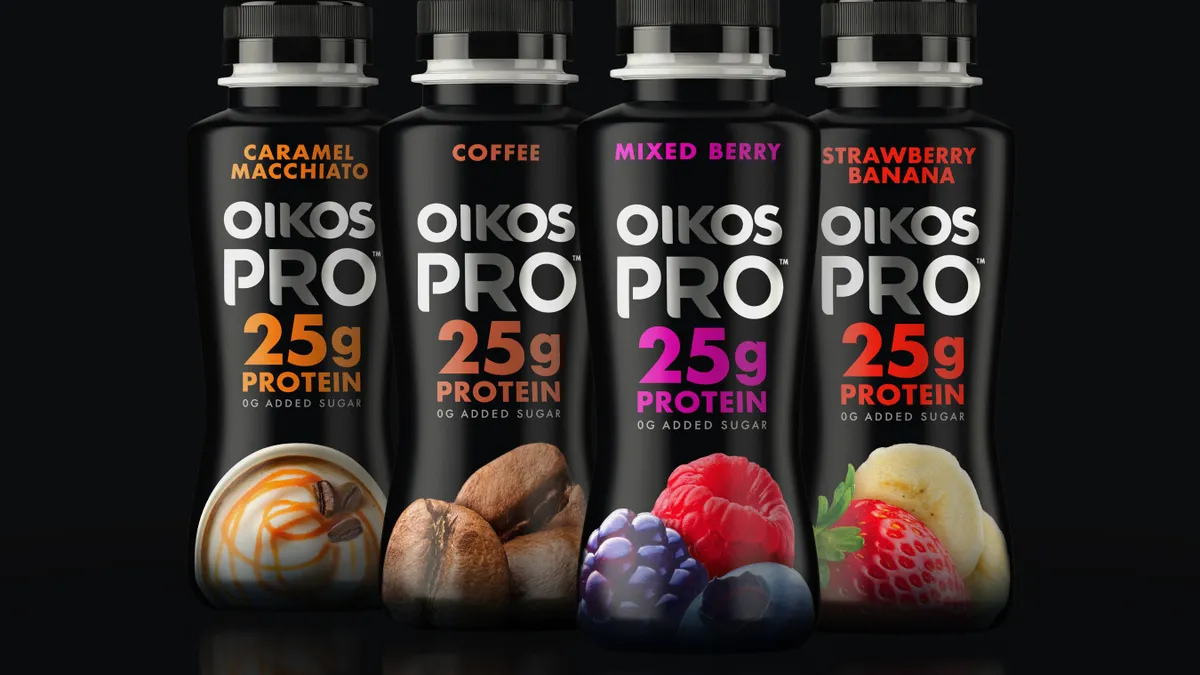 Bottles of Danone's Oikos Pro yogurt.