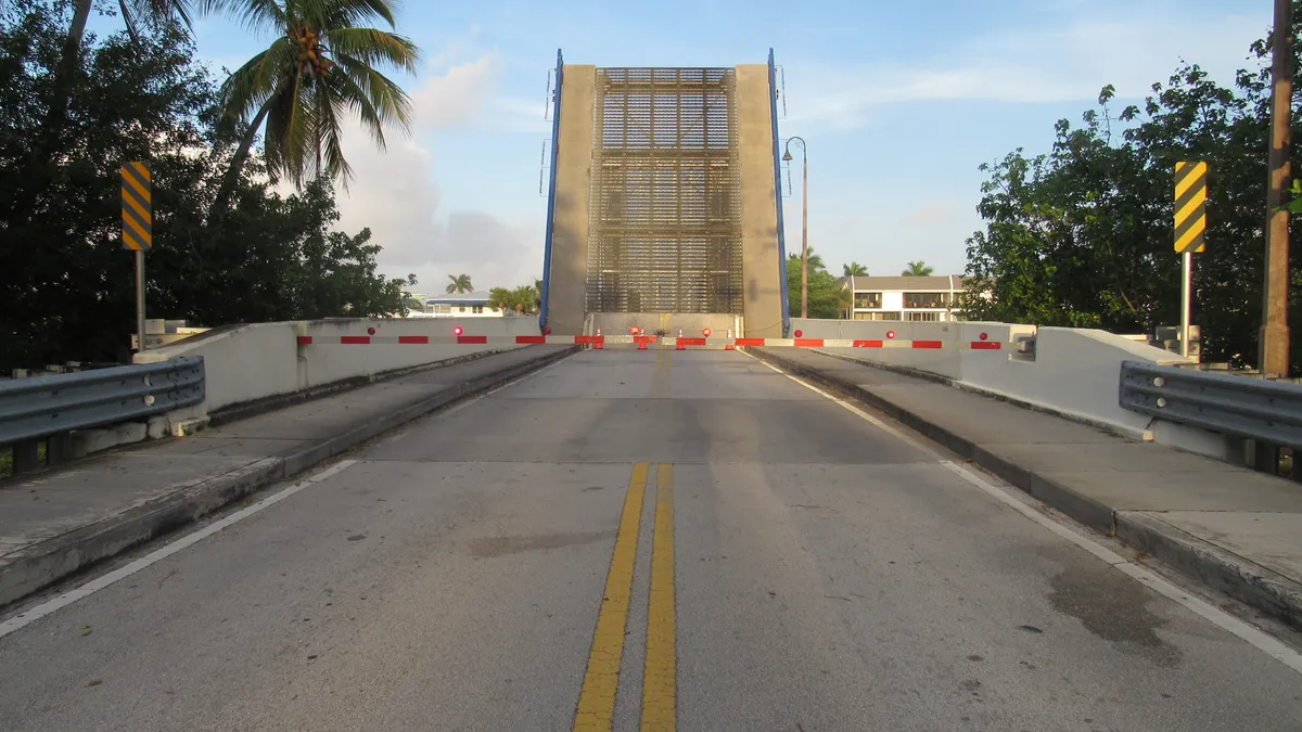 A picture of the George Bush Boulevard bridge in the "open span" position.