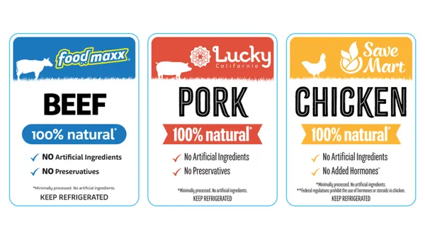 Images of product labels for beef, pork and chicken