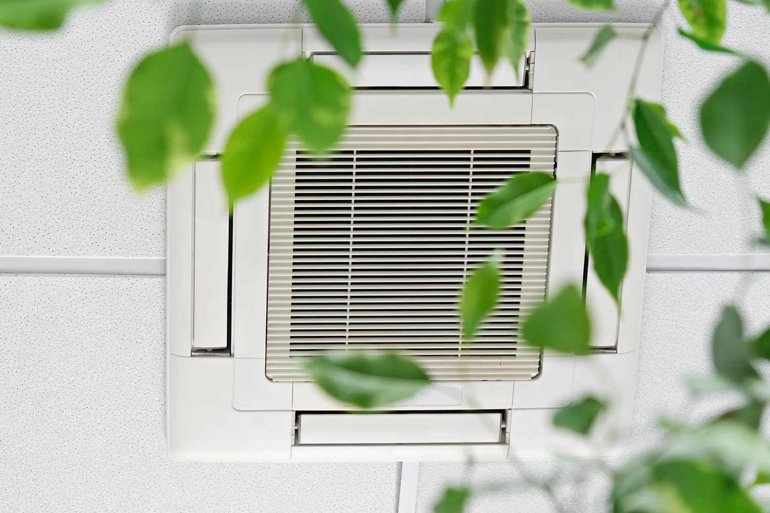 An air conditioning unit in a modern office, with a plant blurry in the foreground.