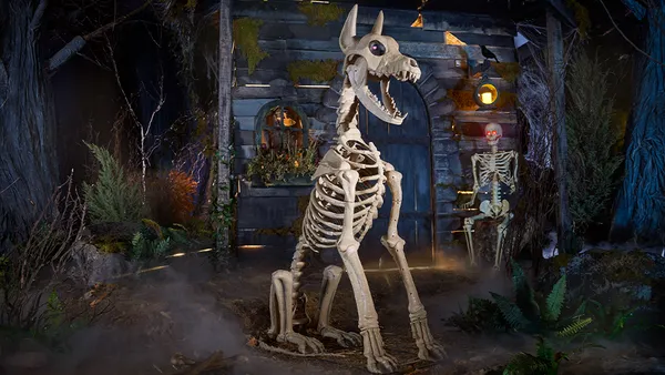 Skeleton dog in front of dark building with a skeleton in front of it.