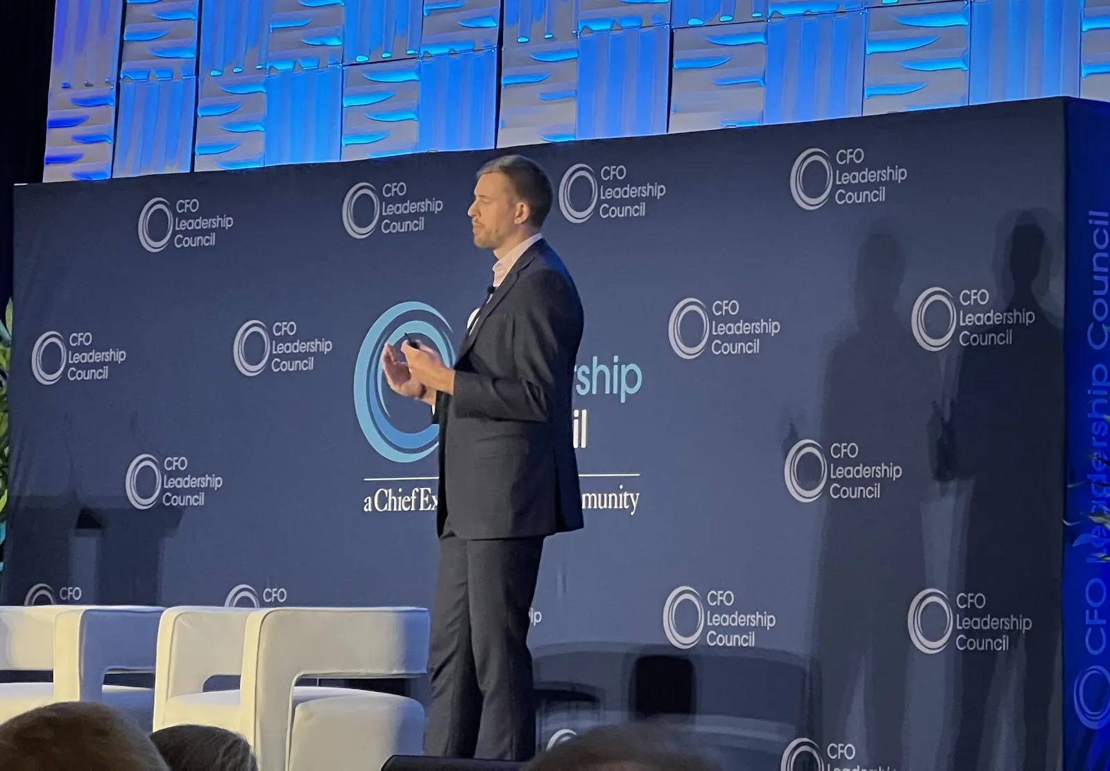 Michael Pearce, chief U.S. economist at Oxford Economics, delivers a presentation at the CFO Leadership Council's fall conference on Wednesday, Oct. 14