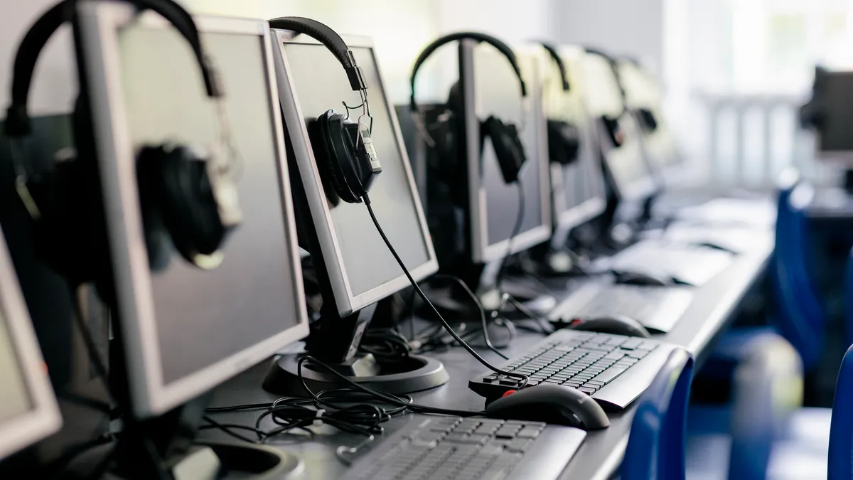 A side view close up of a school computer lab in a school in Hexham in the North East of England.