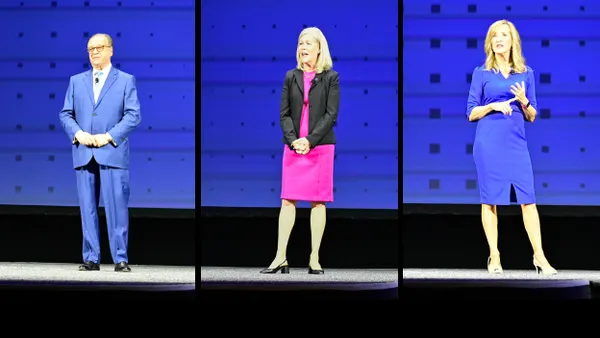 Three vertical images of a man and two women on a stage.