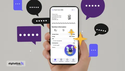A person&#x27;s hand holds a phone and is surrounded by illustrations of texting conversation bubbles.