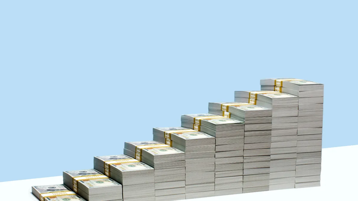 A staircase built out of stacks of cash.