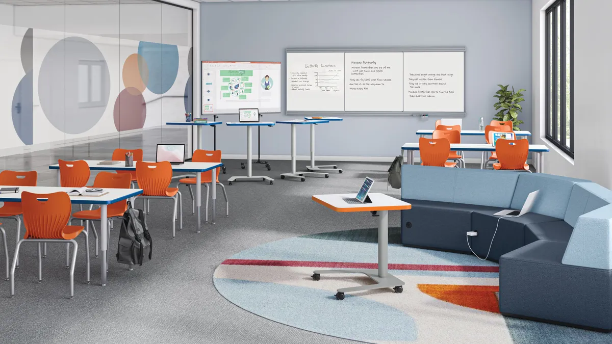 A virtual classroom with a modern day/high tech layout