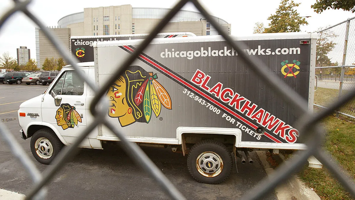 NHL Chicago Blackhawks hockey team truck at United Center