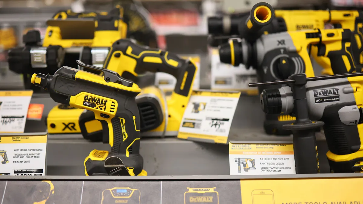 Power tools are displayed at a retail store.