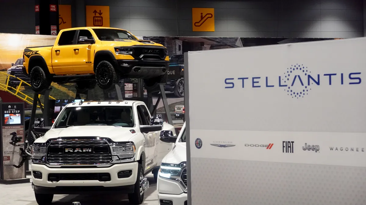 Stellantis signage with Ram trucks in the background