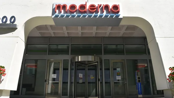 A Moderna logo is displayed on a building in Cambridge, Massachusetts, on Sept. 5, 2024.