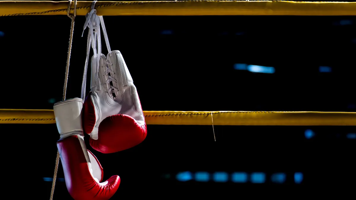 boxing gloves hangs off the boxing ring