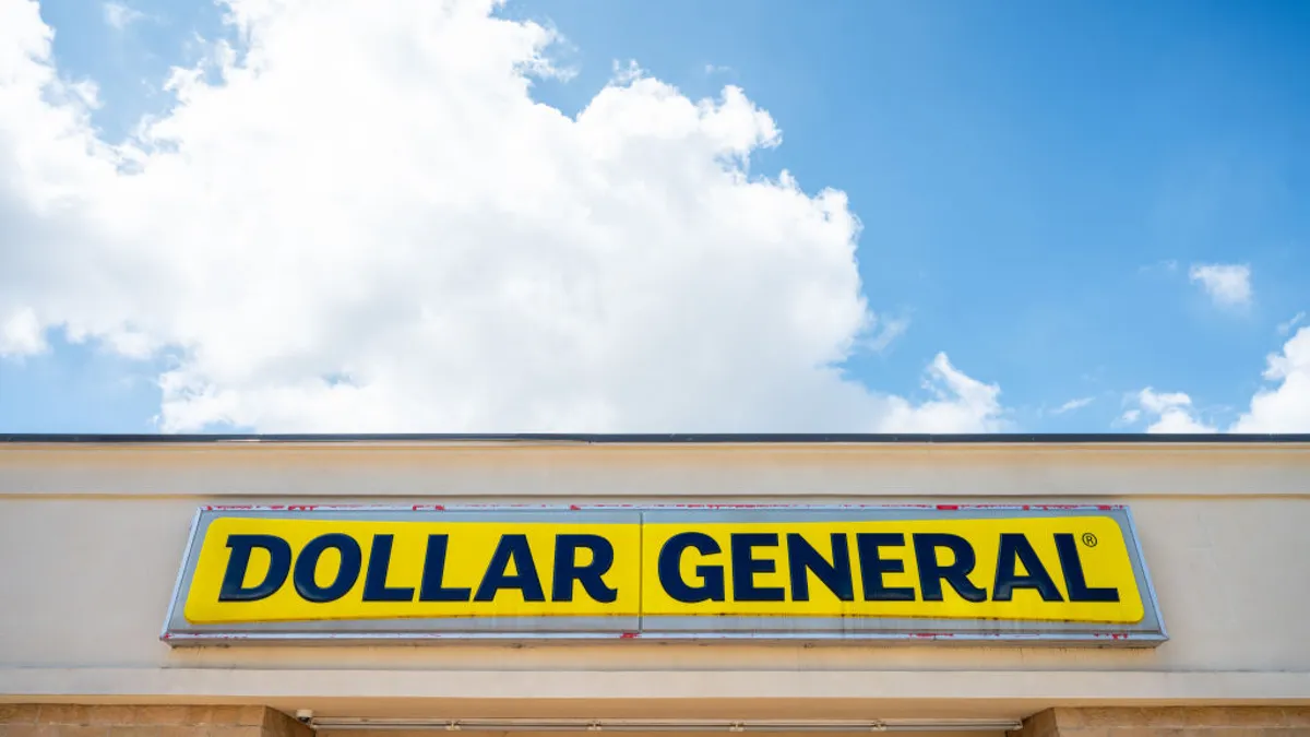 A Dollar General storefront with a sign that reads: "Dollar General".