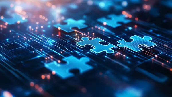Graphic of blue puzzle pieces with an electronic background.