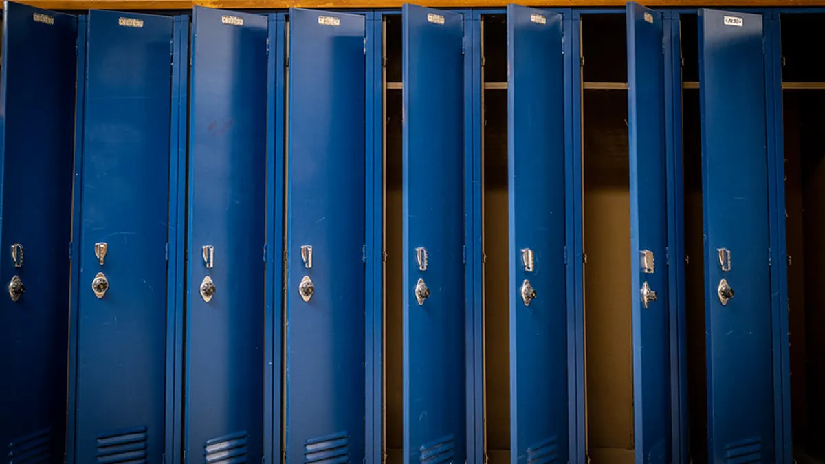 Lockers stand empty at Roosevelt High School in Des Moines, Iowa during the novel coronavirus pandemic.