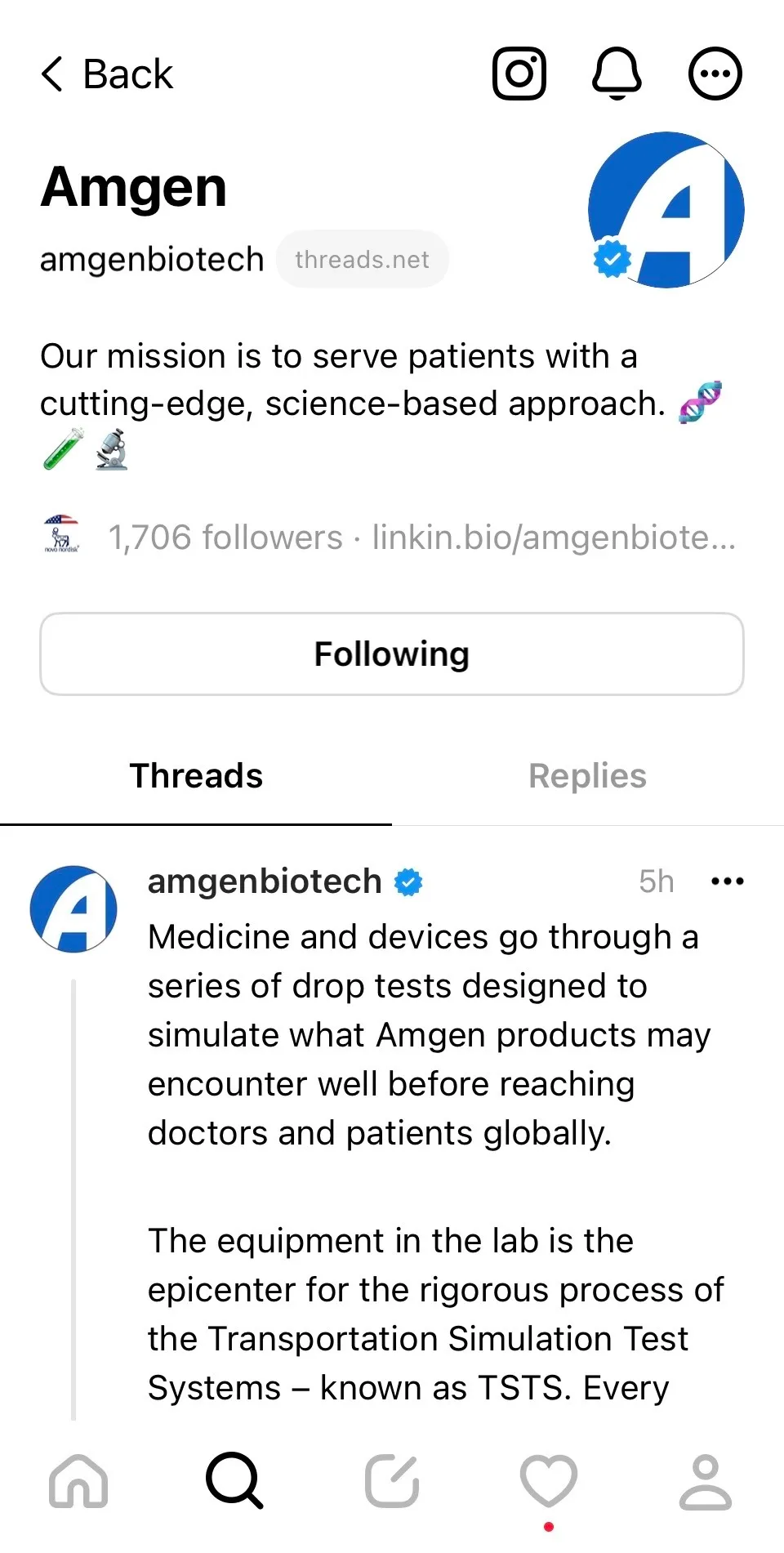 Amgen's profile page on Threads