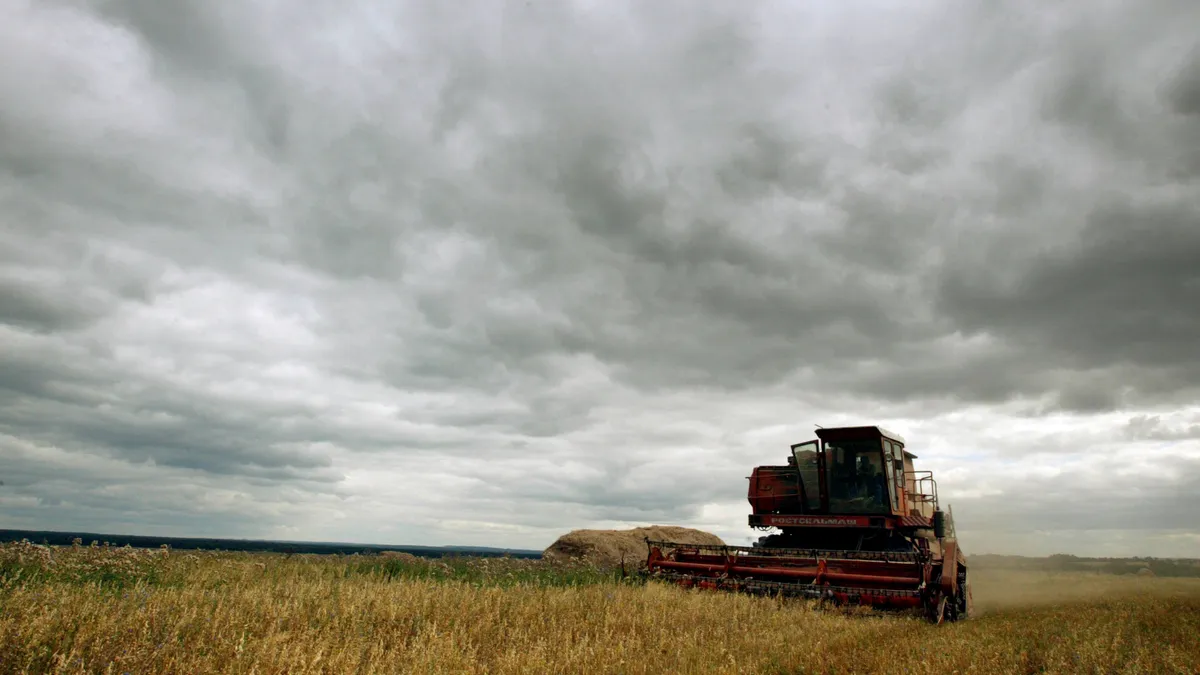 A harvester works a field in a village east of Moscow.