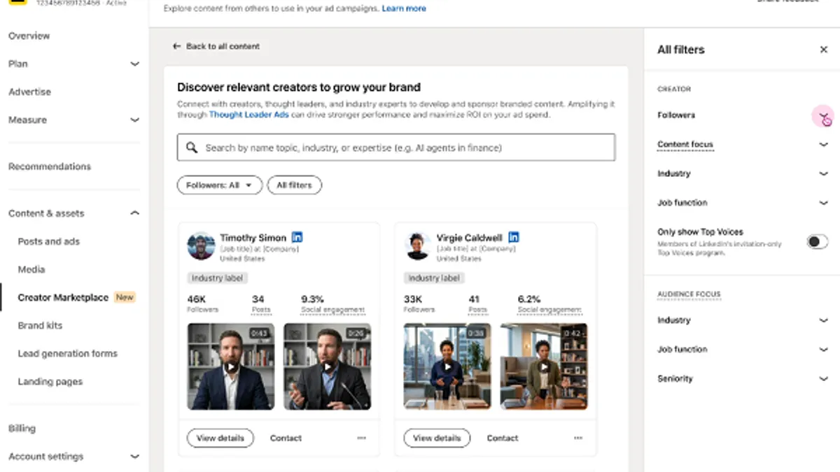 LinkedIn creator marketplace filters