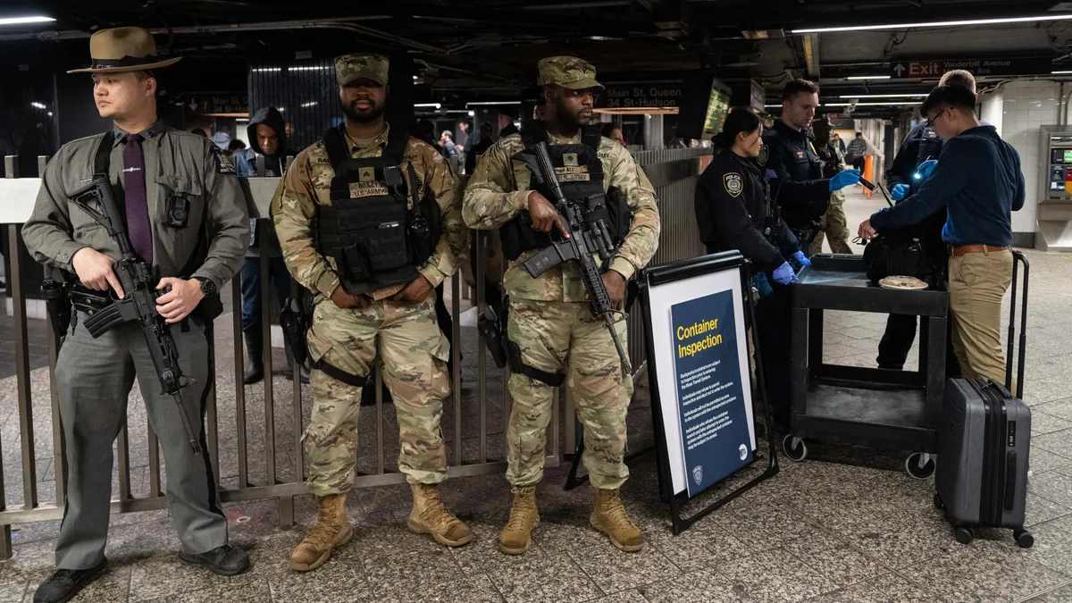 New York State Police, MTAPD and New York National Guard patrol and conduct container inspections at Grand Central Station on March 6, 2024 in New York City.