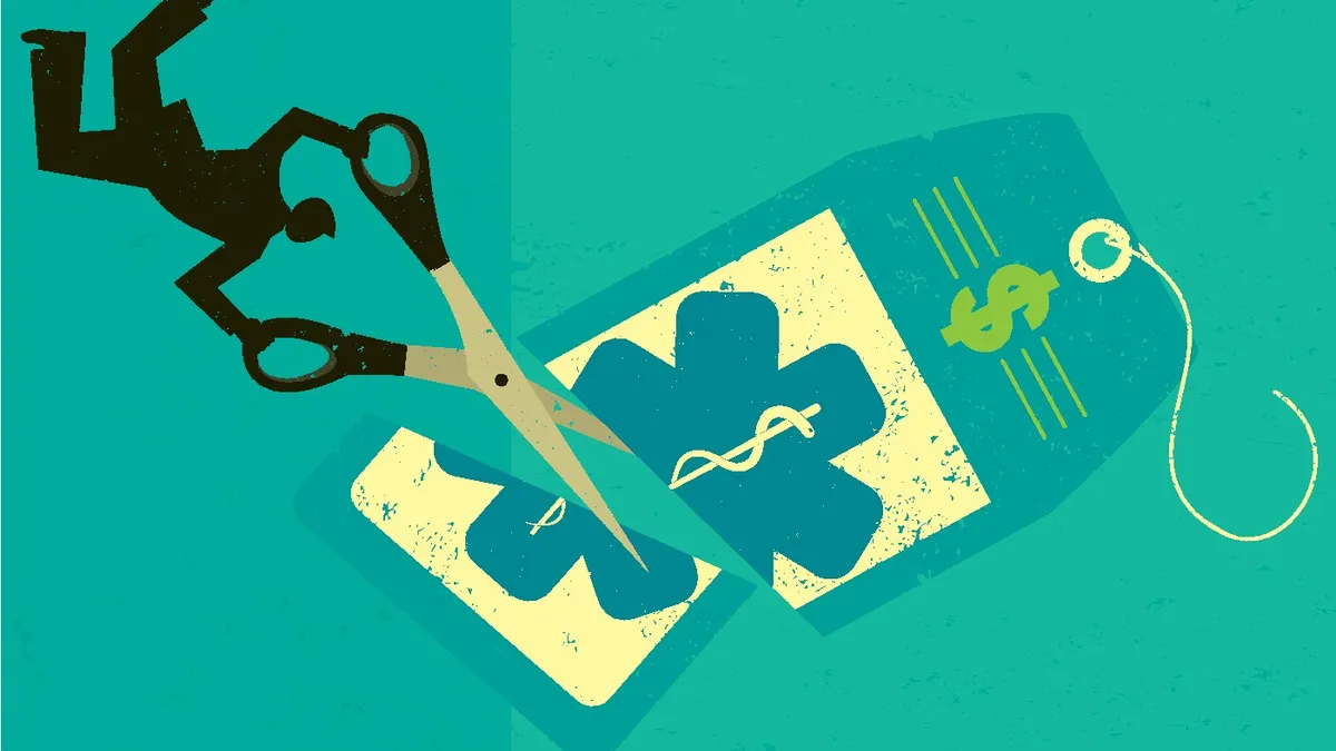 A businessman cutting the high price of healthcare tag with large scissors over an abstract background. The man, scissors and price tag are on a separate layer from the background.
